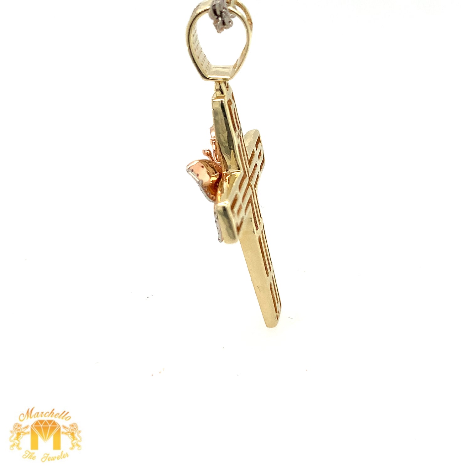 Tri-color Gold and Diamond Butterfly Cross and 2mm Rope Chain Set