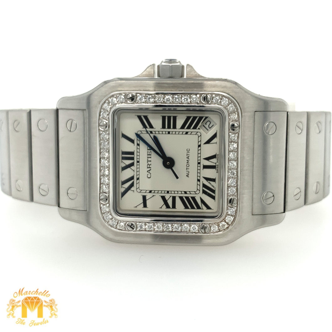 29mm Cartier Santos Stainless Steel Watch with Custom Diamond Bezel