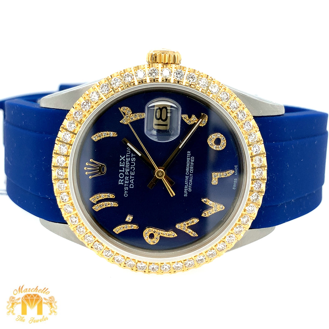 36mm Rolex Datejust Diamond Watch with Blue Rubber Band (blue dial with Arabic numerals)