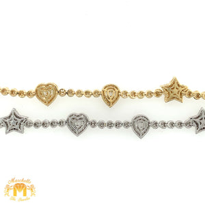 Gold and Diamond 10.4x3.5mm Tennis Bracelet with Stars, Tear Drops and Hearts with baguette and round diamonds (pick gold color)