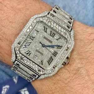 Iced Out 40mm Cartier Santos Stainless Steel Watch with 18.50ct of Diamonds (year: 2023, iced out dial, papers)