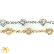 Load image into Gallery viewer, Gold and Diamond 10.4x3.5mm Tennis Bracelet with Hearts with baguette and round diamonds  (pick gold color)