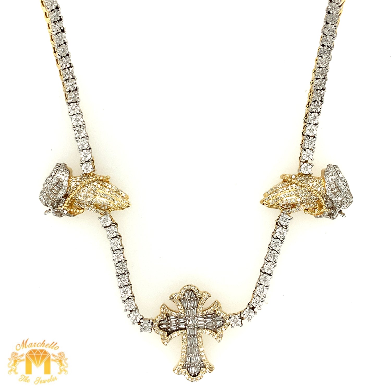 Gold Praying Hands Tennis Diamond Necklace