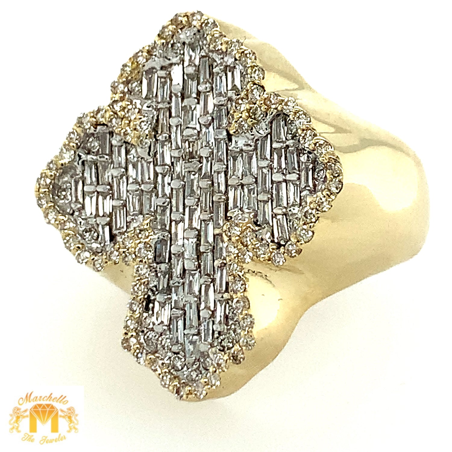 Gold 3D Cross Ring with baguette and round diamonds