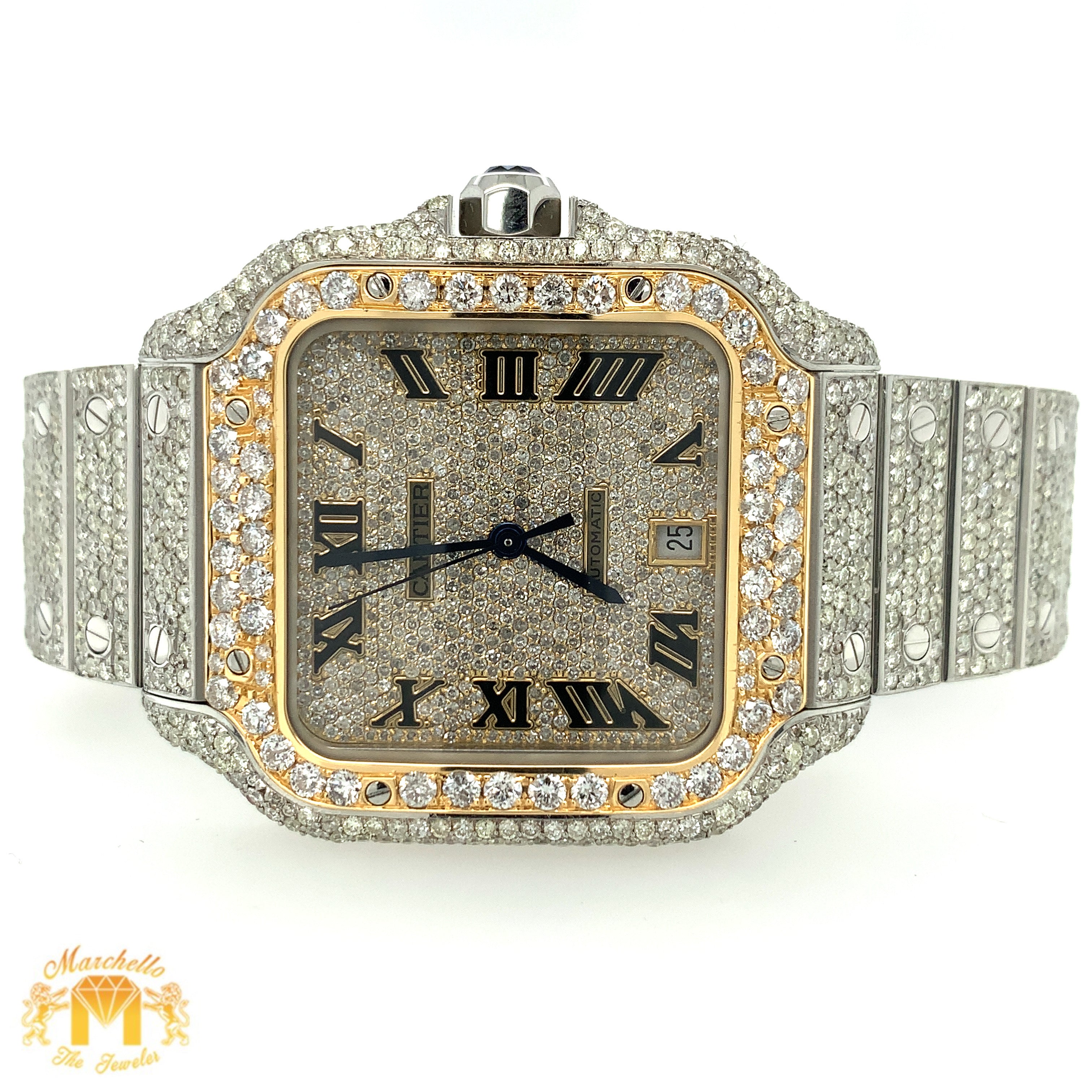 40mm Cartier Santos Iced Out Diamond Watch custom two tone