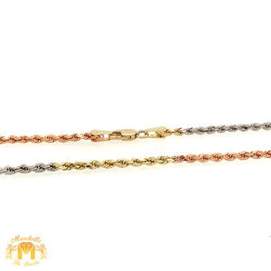 Tri-color Gold and Diamond Butterfly Cross and 2mm Rope Chain Set