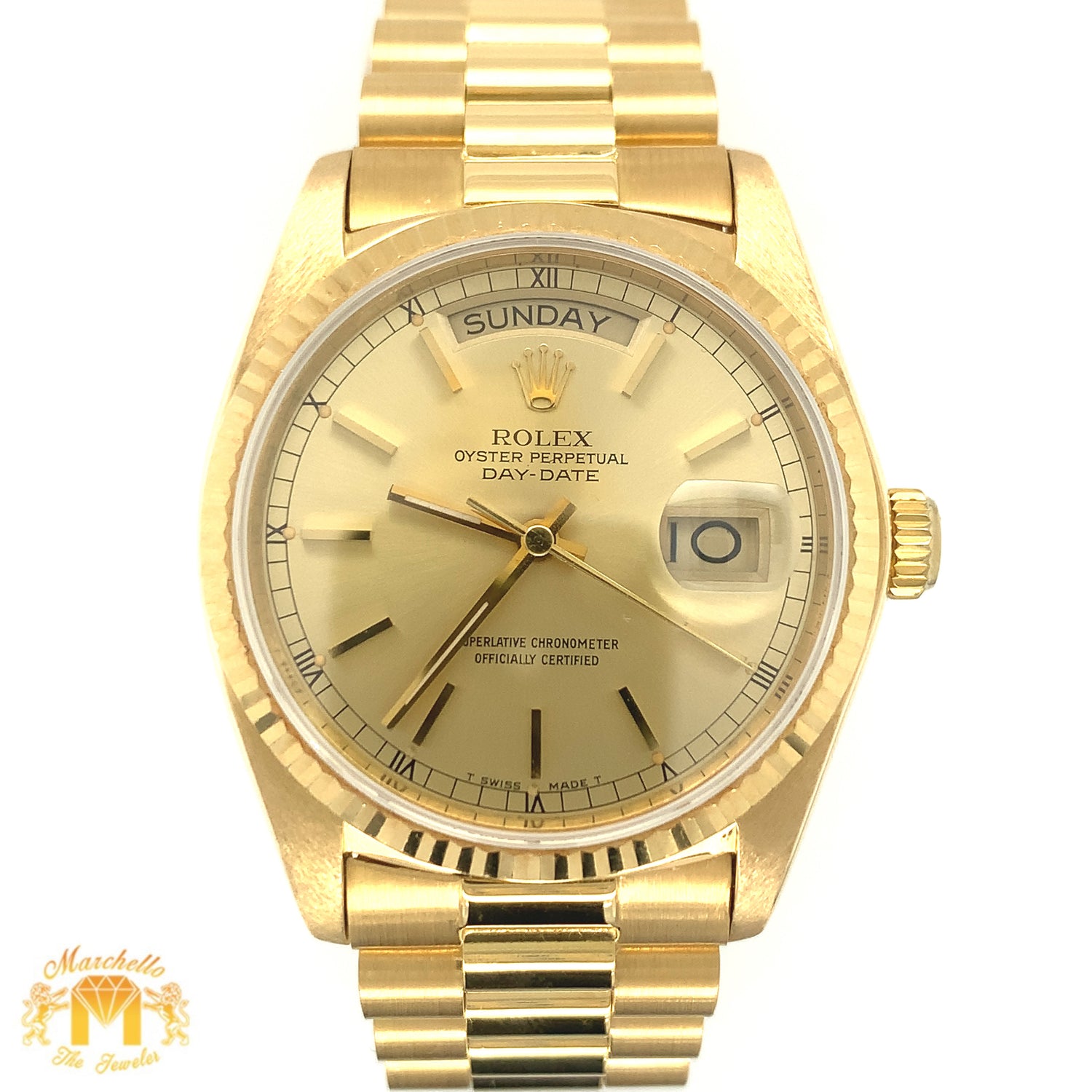 Model: 18238 36mm 18k Gold Rolex Day-Date Presidential Watch (champagne dial, quick set)