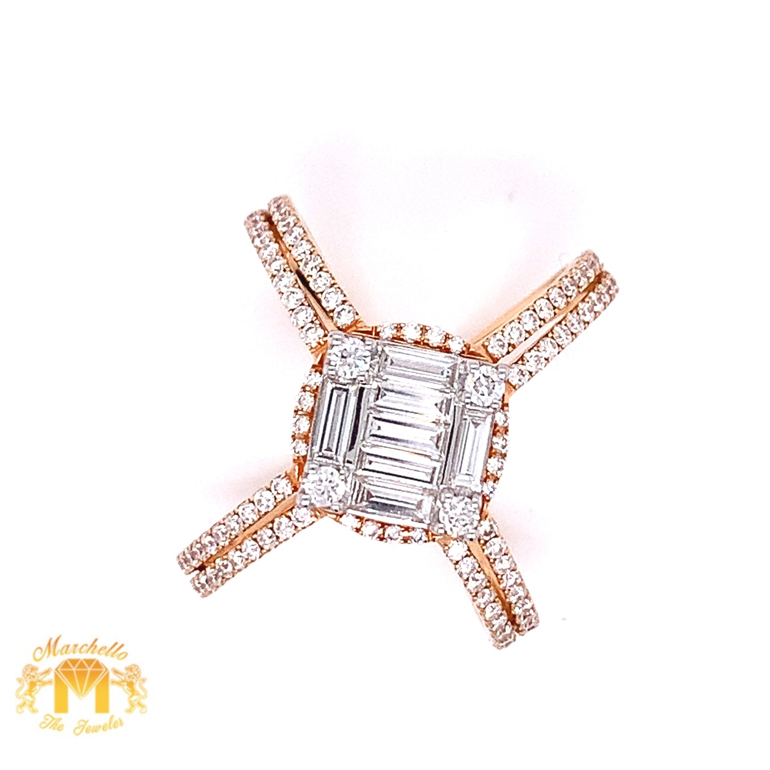 VVS/vs high clarity diamonds set in a 18k Rose Gold Ladies' Criss Cross Ring with Baguette & Round Diamond  (jumbo VVS baguettes)