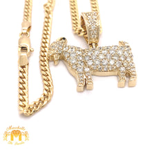 Load image into Gallery viewer, 14k Gold 3D GOAT Pendant with Round Diamond and Gold Cuban Link Chain Set (solid back)