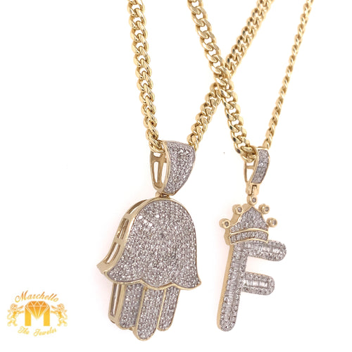 Round & Baguette Diamond & Gold Initial + Hamsa Pendant + 2 Cuban Link Chains Set