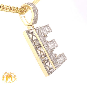 Baguette and Round Diamond and Gold 3D Initial Pendant and Cuban Link Chain Set (5 rows of diamonds)