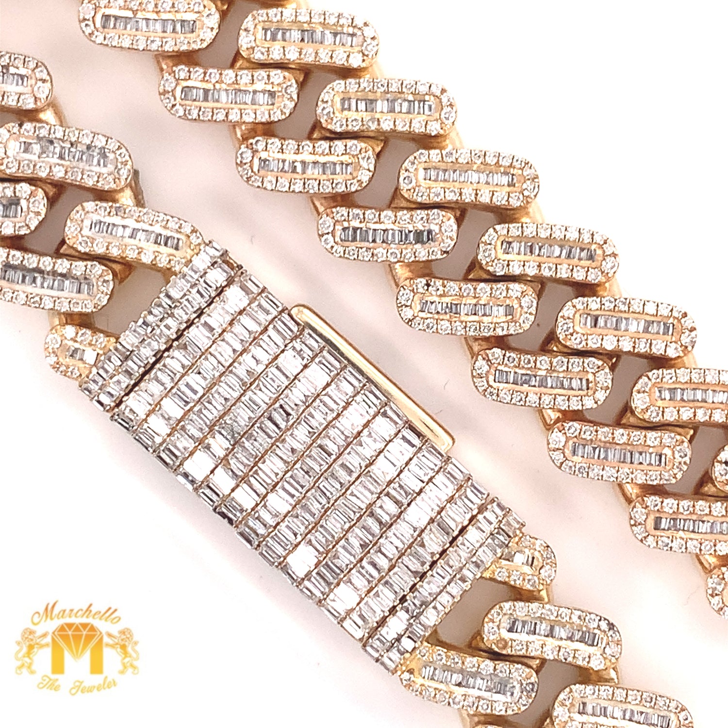 Gold and Diamond 15MM Cuban Chain with baguette & round diamonds(prong set, box clasp)