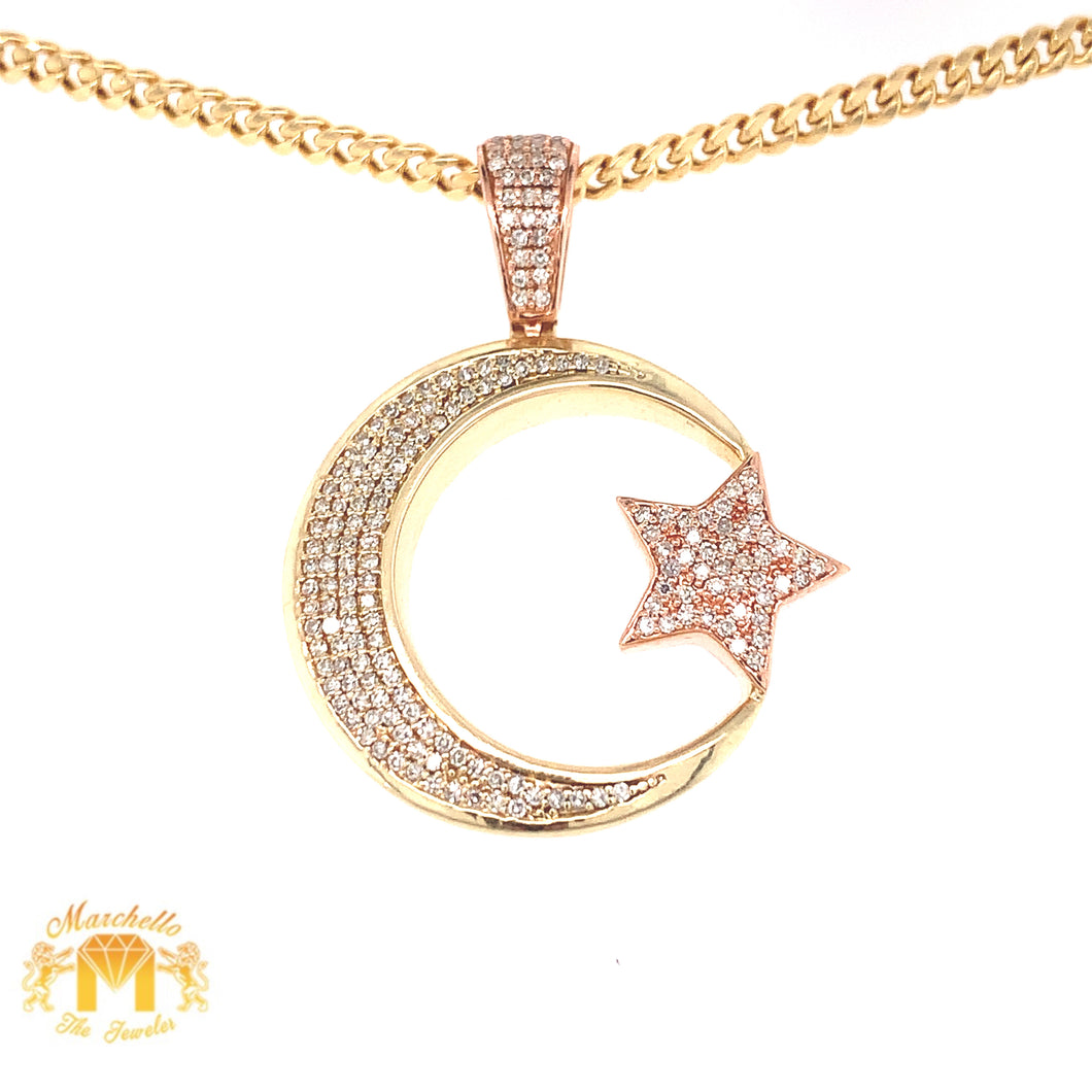 Diamonds and Gold Crescent Moon & Star Pendant + Gold Cuban Link Chain Set (solid back)