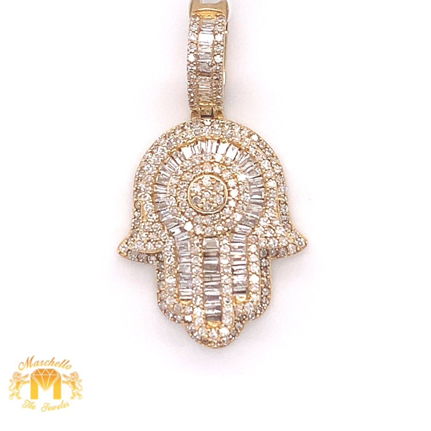 14k Gold Hamsa Pendant with Baguette Diamond & Gold Cuban Link Chain