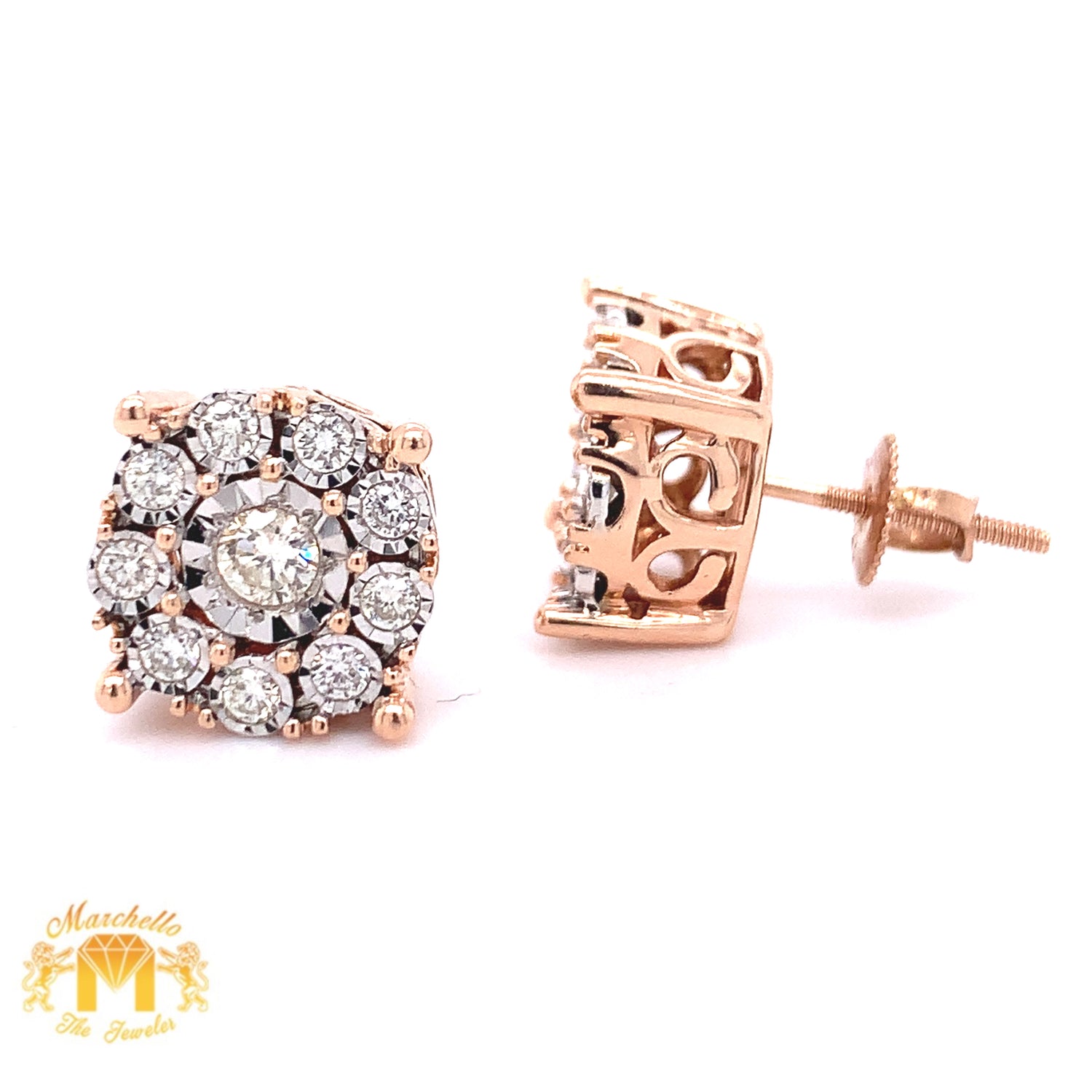 Round Diamonds and 14k Gold Large Round Earrings (illusion setting, 3D)