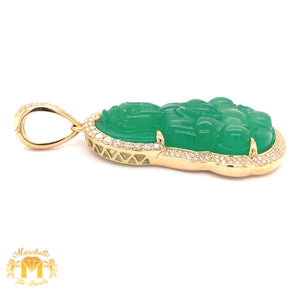 Gold and Diamond Green Buddha Pendant with Round Diamond and Cuban Link Chain Set