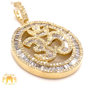 14k Gold Om Pendant with Baguette & Round Diamond & 14k Gold Cuban Link Chain