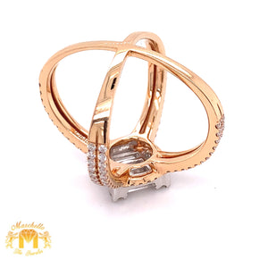 VVS/vs high clarity diamonds set in a 18k Rose Gold Ladies' Criss Cross Ring with Baguette & Round Diamond  (jumbo VVS baguettes)