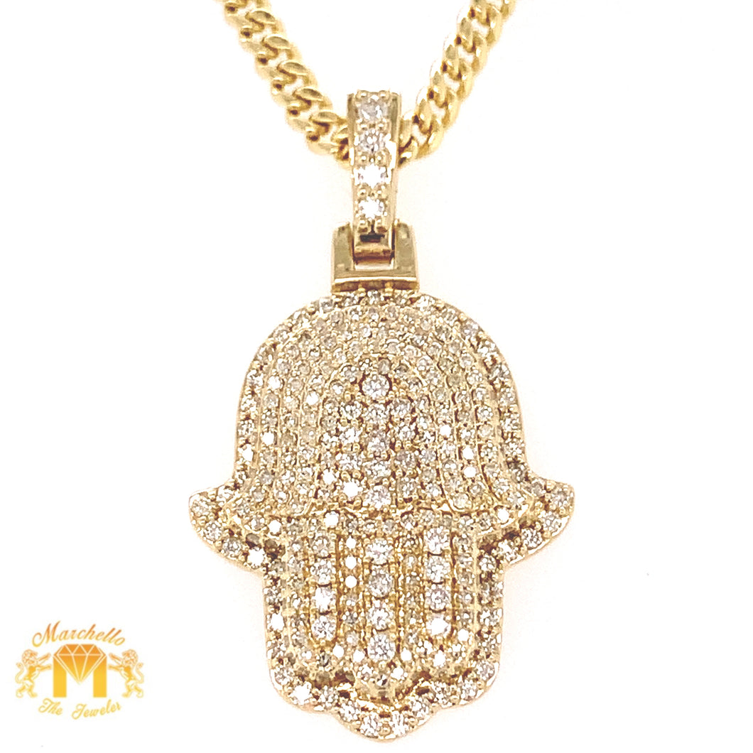 14k Gold Hamsa Diamond Pendant and Gold Cuban Link Chain Set (solid back, double-decker)