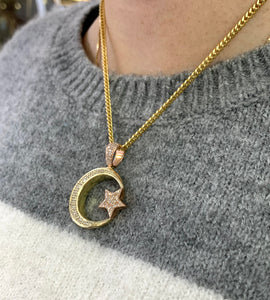 Diamonds and Gold Crescent Moon & Star Pendant + Gold Cuban Link Chain Set (solid back)