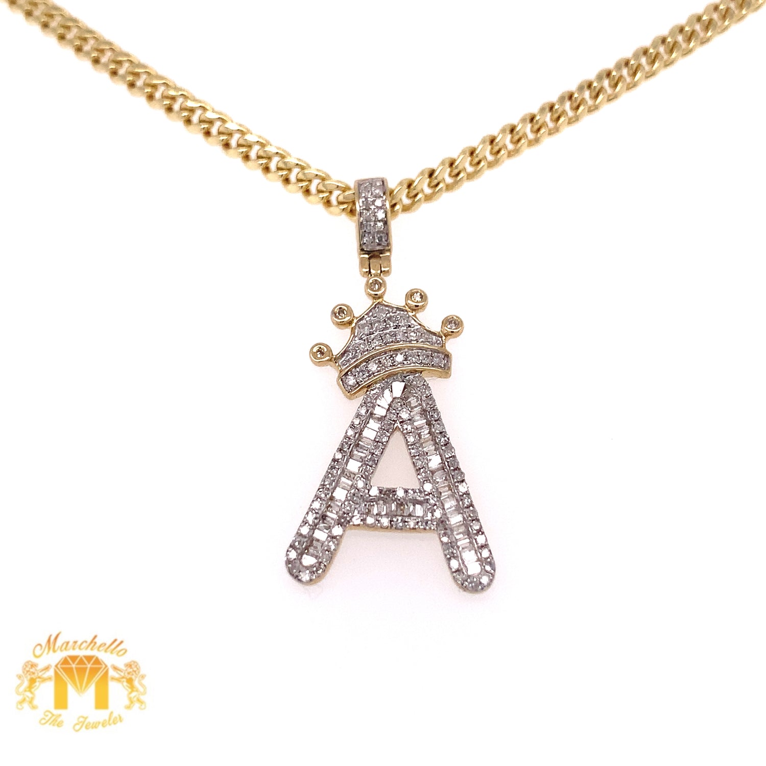 Baguette Diamond and Gold Initial Pendant & Cuban Link Chain Set
