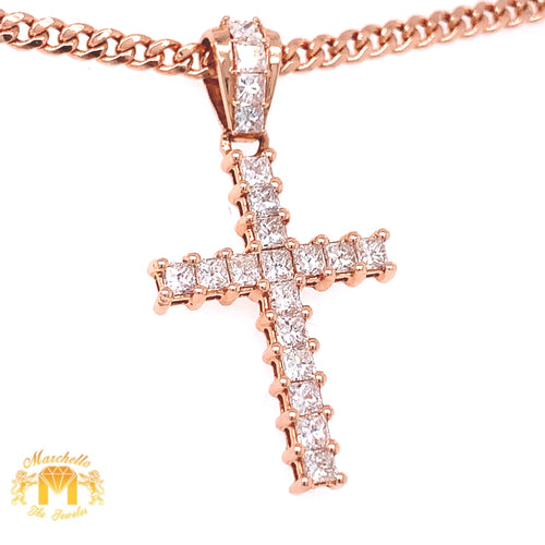 14k Gold Unisex Cross Pendant with Princesscut Solitaire Diamond and Gold Cuban Link Chain Set