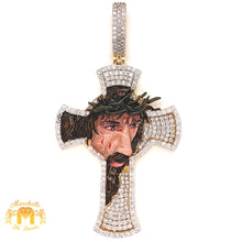Load image into Gallery viewer, Gold and Diamond XL Enamel Jesus Face Cross Pendant with round diamonds (Solid Back)