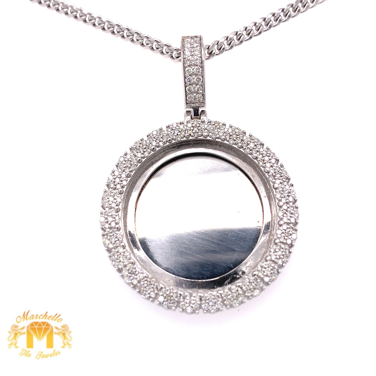 14k Gold Memory Picture Pendant with Round Diamond & Gold Cuban Link Chain (solid back)