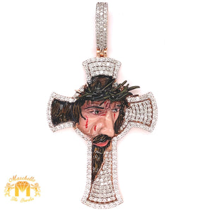 Gold and Diamond XL Enamel Jesus Face Cross Pendant with round diamonds (Solid Back)