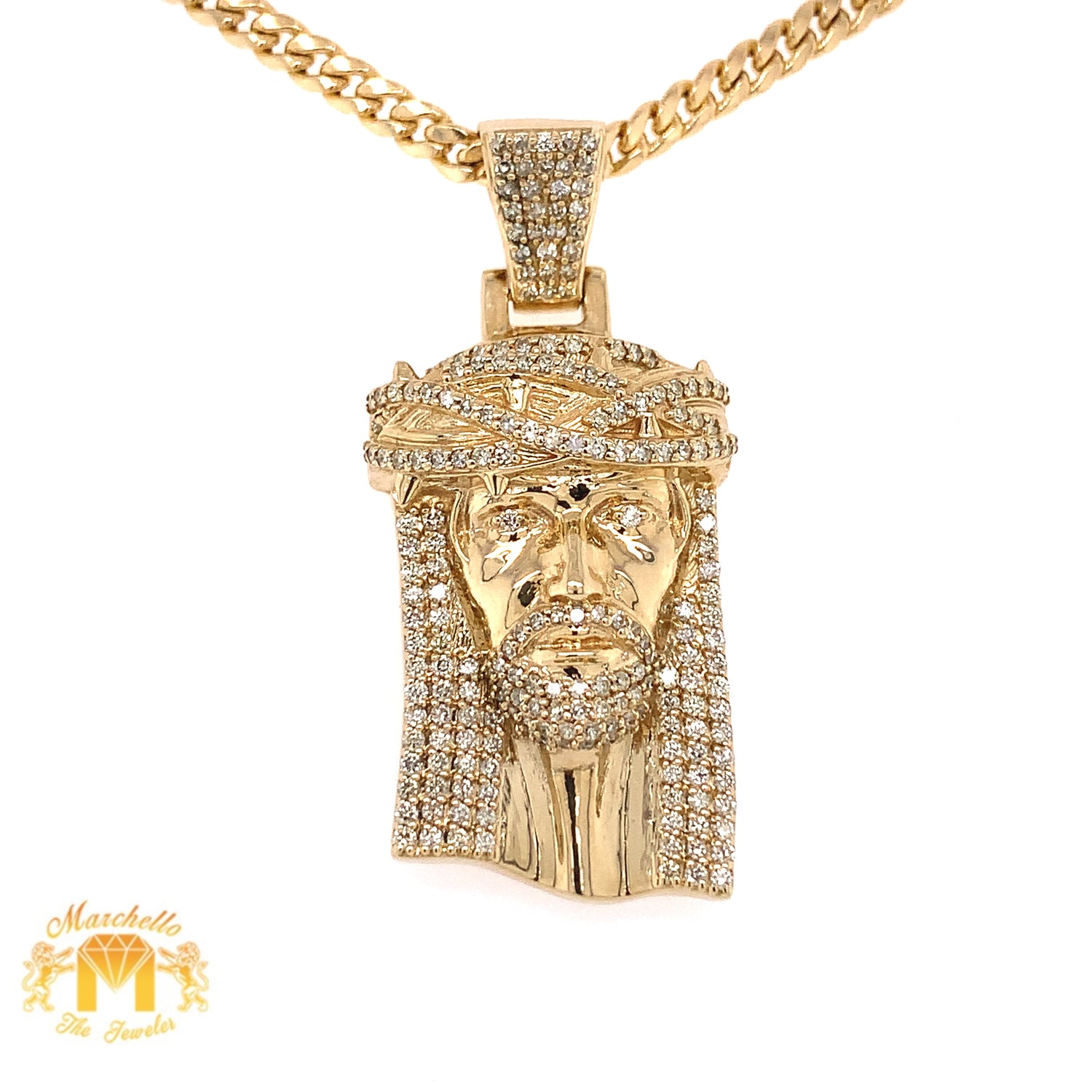 14k Gold Jesus Head Diamond Pendant and 14k Gold Cuban Chain Set (solid back)