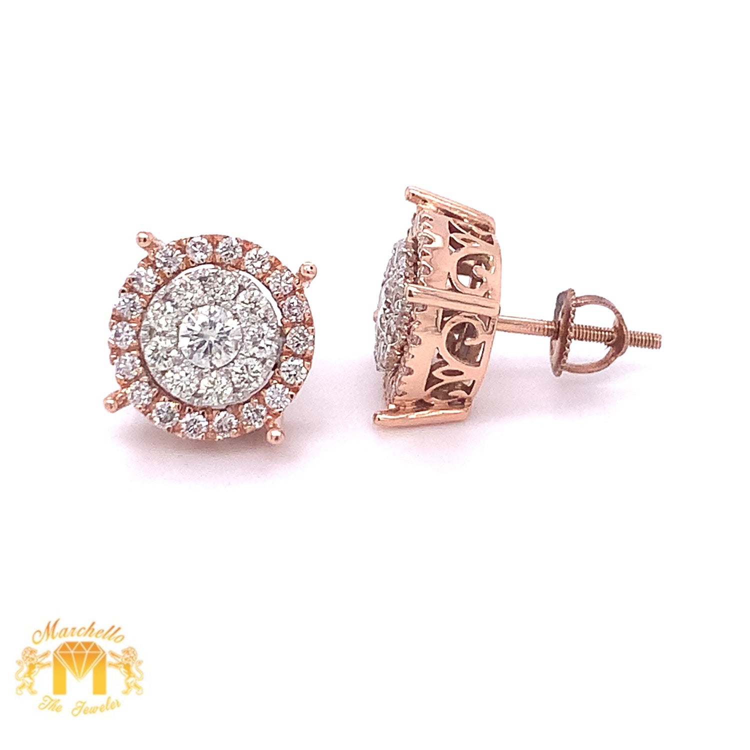 14k Gold 3D Halo Earrings with Round Diamond (solitaire center)