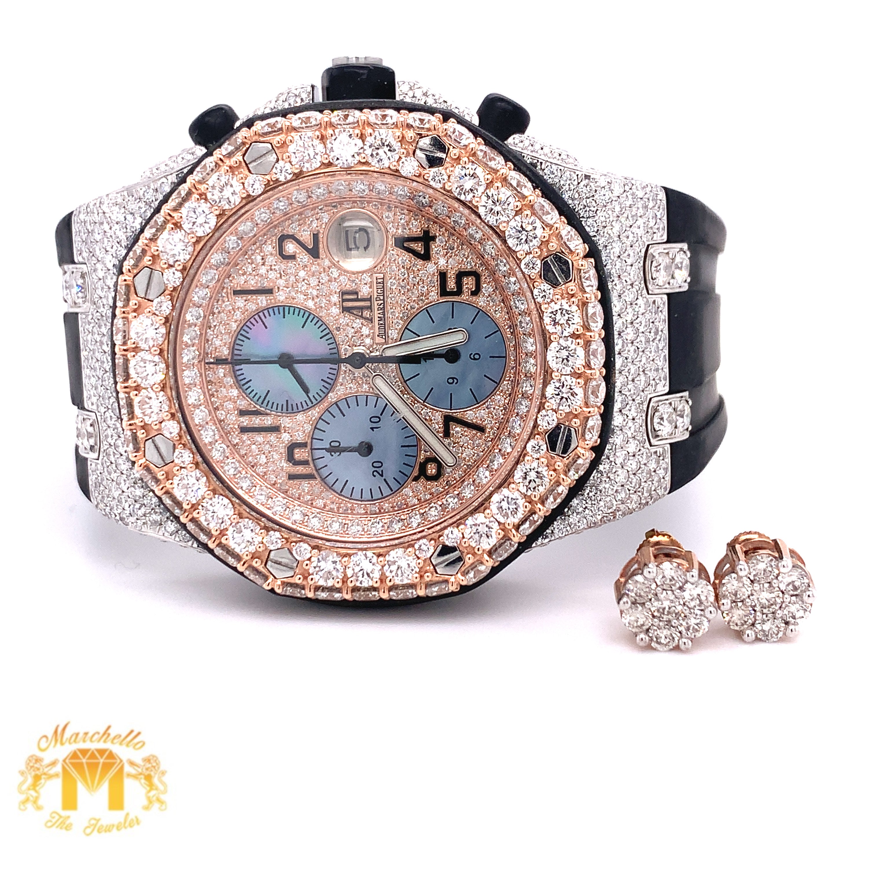 Iced Out Audemars Piguet AP Diamond Watch and 1ct Diamond Earrings