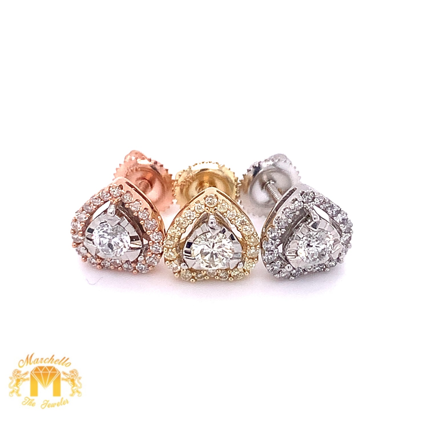 Solitaire Round Diamonds and 14k Gold Heart Halo Shaped Earrings (Illusion setting)