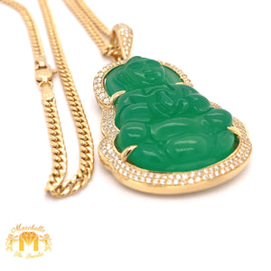 Gold and Diamond Green Buddha Pendant with Round Diamond and Cuban Link Chain Set