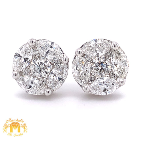 14k White Gold Round Earrings with Fancy Specially Cut Jumbo Marquis and Round Diamond