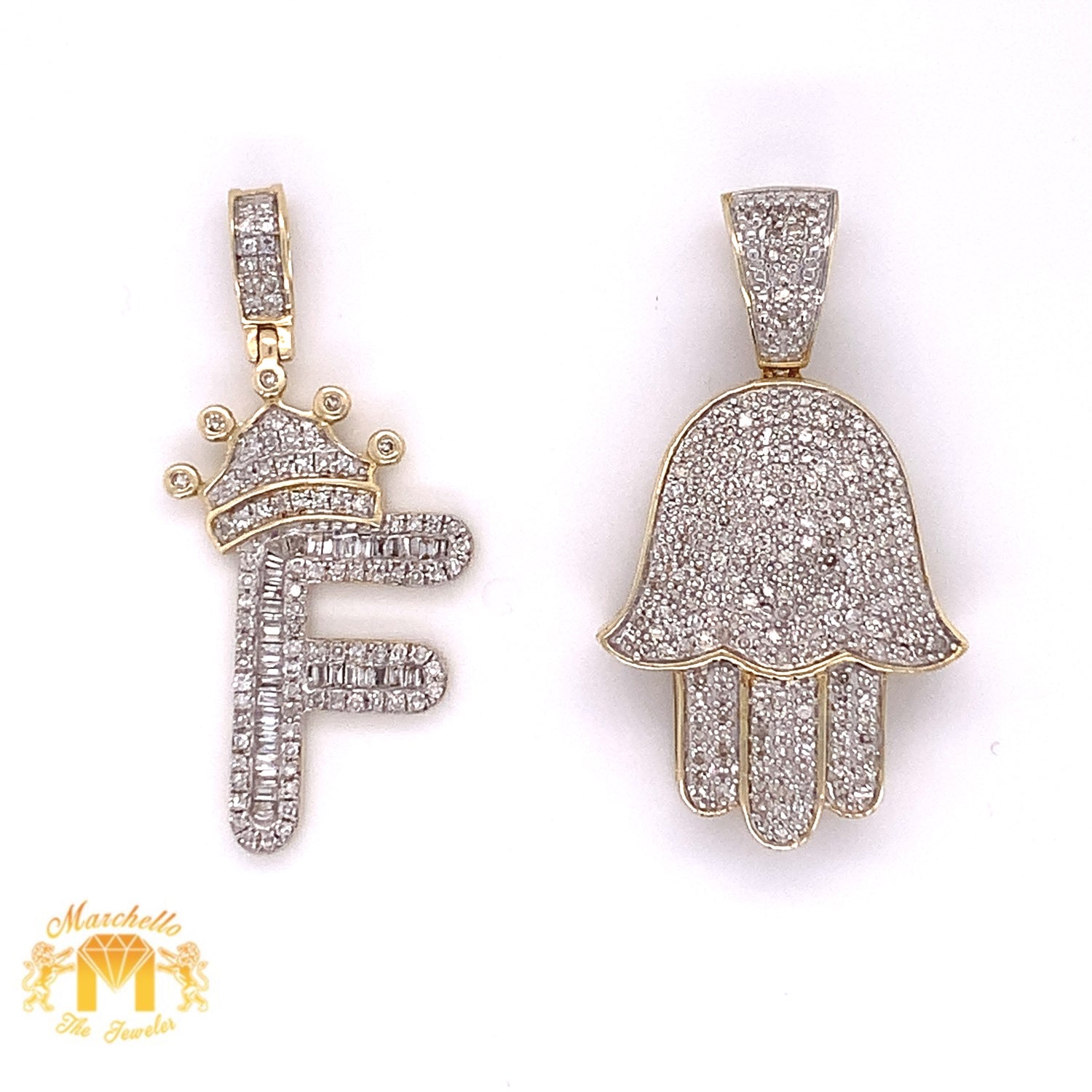 Round & Baguette Diamond & Gold Initial + Hamsa Pendant + 2 Cuban Link Chains Set