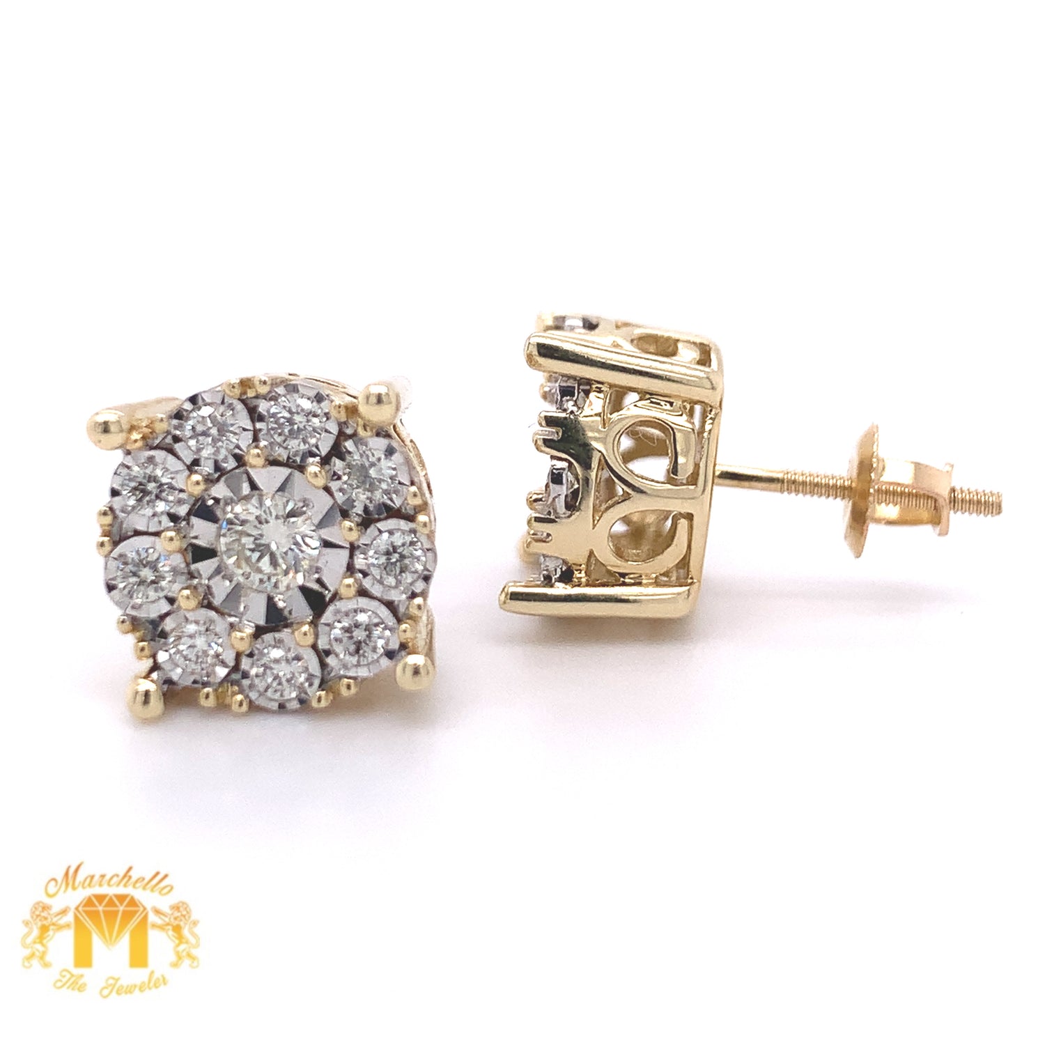 Round Diamonds and 14k Gold Large Round Earrings (illusion setting, 3D)