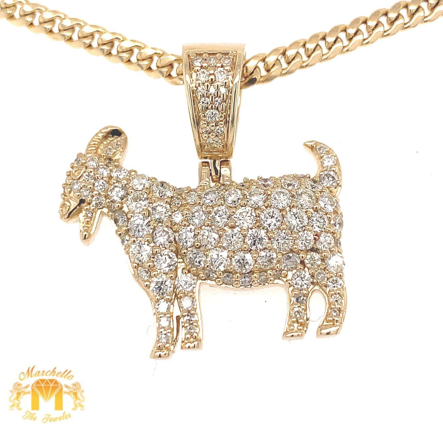 14k Gold 3D GOAT Pendant with Round Diamond and Gold Cuban Link Chain Set (solid back)