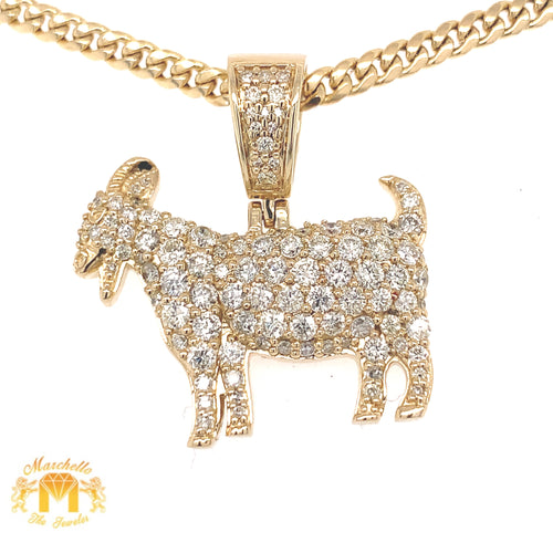 14k Gold 3D GOAT Pendant with Round Diamond and Gold Cuban Link Chain Set (solid back)