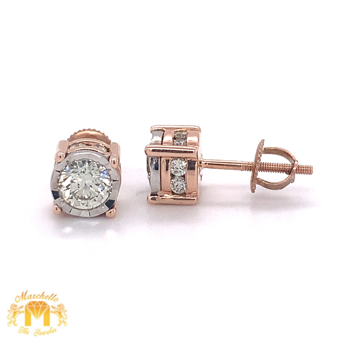 14k Gold Stud Earrings with Round Solitaire Diamond (side diamonds)