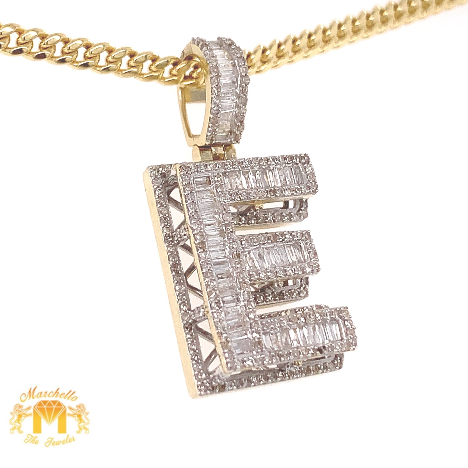 Baguette and Round Diamond and Gold 3D Initial Pendant and Cuban Link Chain Set (5 rows of diamonds)