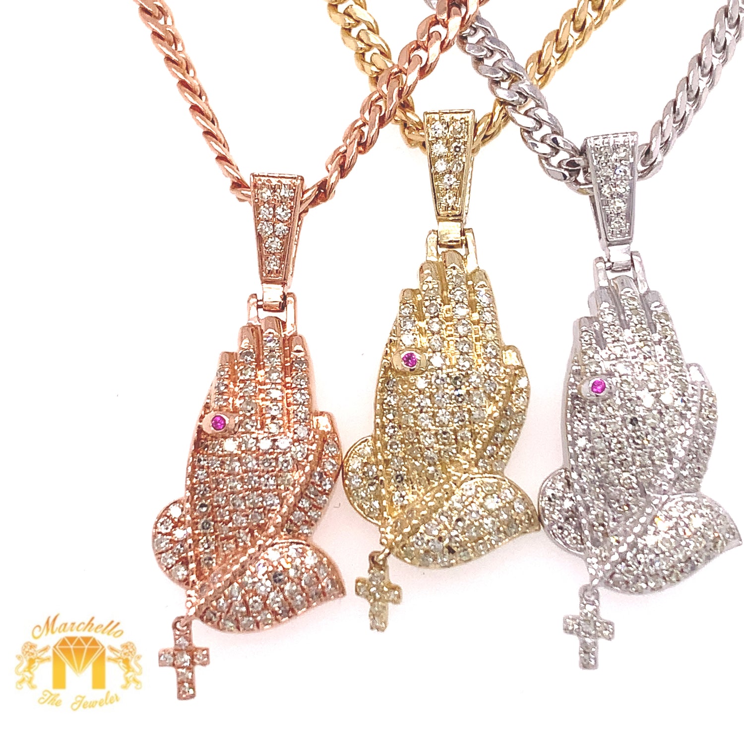 Round Diamond 14k Gold Praying Hands Pendant and Gold Chain Set