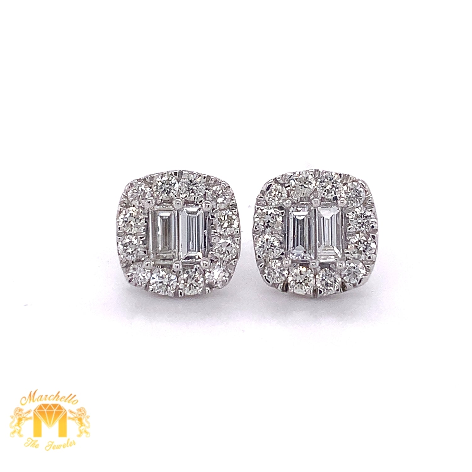 14k Cushion-shaped Earrings with Baguette & Round Diamond (signed piece)