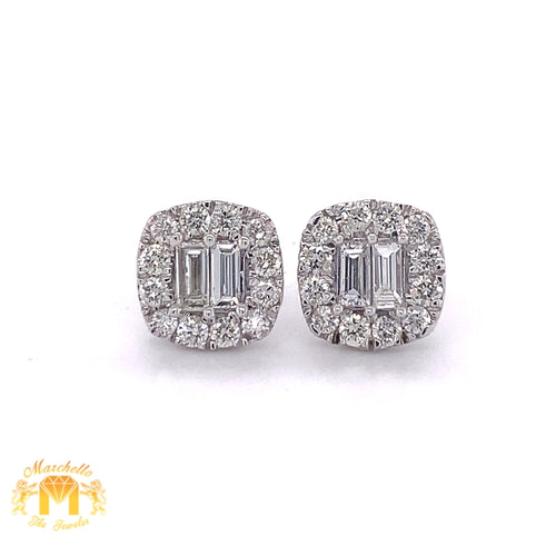 14k Cushion-shaped Earrings with Baguette & Round Diamond (signed piece)