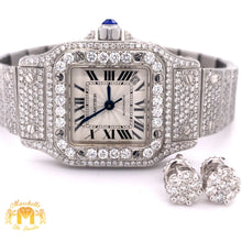 Load image into Gallery viewer, 8ct Diamond Iced Out Cartier Santos Ladies’ Watch + Flower-shaped Diamond Earrings (24 mm, stainless steel)