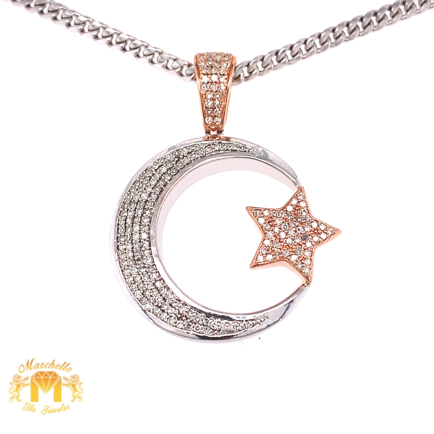 Diamonds and Gold Crescent Moon & Star Pendant + Gold Cuban Link Chain Set (solid back)