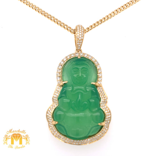 Gold and Diamond Green Buddha Pendant with Round Diamond and Cuban Link Chain Set