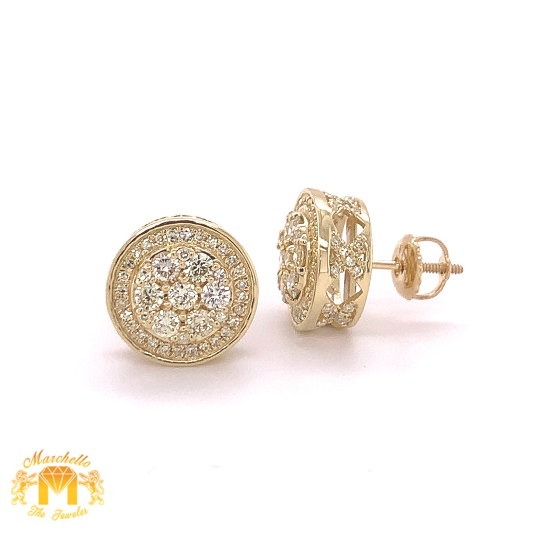 14k Gold Round 3D Diamond Earrings (with side diamonds)