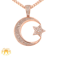 Load image into Gallery viewer, Diamonds and Gold Crescent Moon &amp; Star Pendant + Gold Cuban Link Chain Set (solid back)