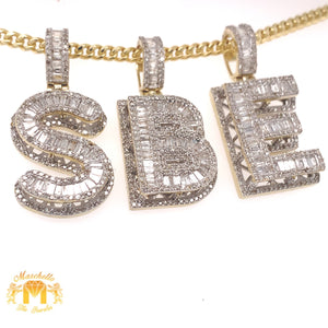 Baguette and Round Diamond and Gold 3D Initial Pendant and Cuban Link Chain Set (5 rows of diamonds)